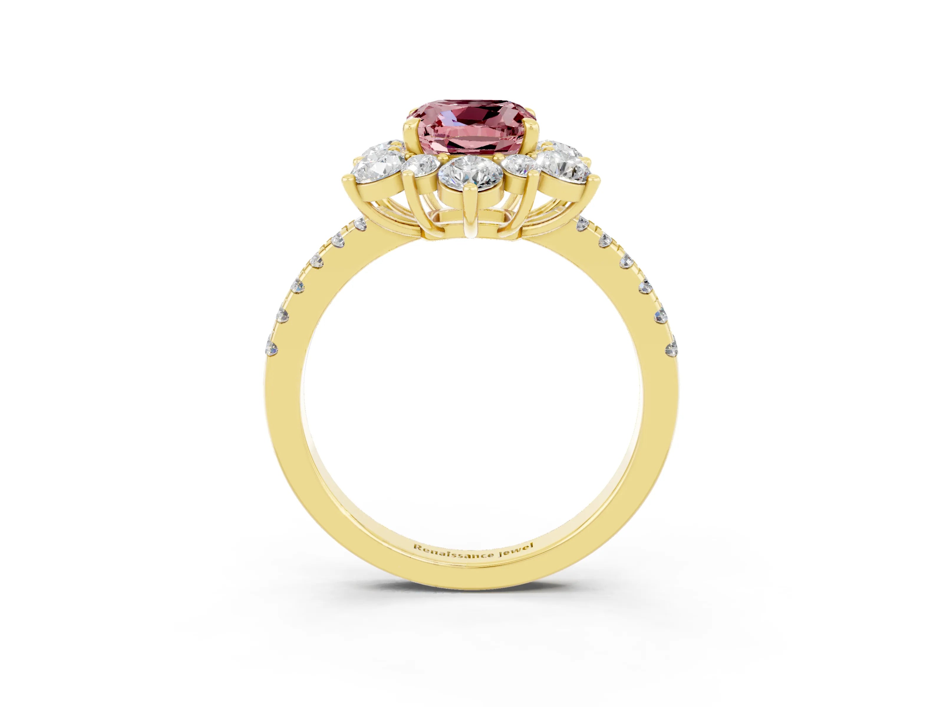 Yellow gold Cushion Cut Cut Diamond Floral Halo Pave Band with Prong Setting_3