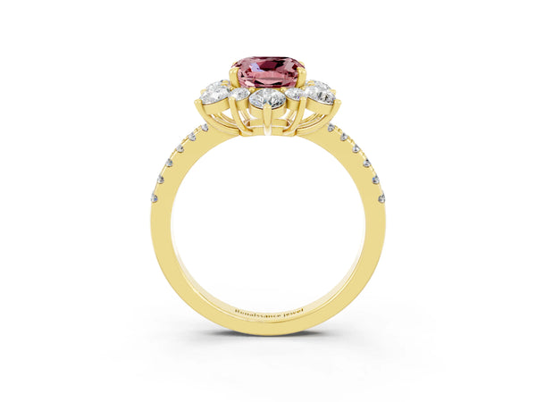 Yellow gold Cushion Cut Cut Diamond Floral Halo Pave Band with Prong Setting