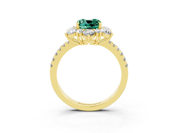 Yellow gold Cushion Cut Green Sapphire Floral Halo Ring with Round Pavé Band and Prong Setting