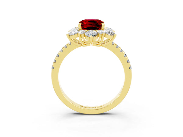 Yellow gold Cushion Cut Ruby Floral Halo Ring with Round Pavé Band and Prong Setting
