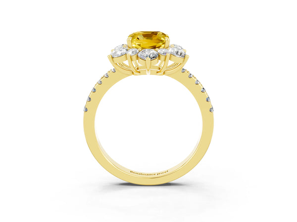 Yellow gold Cushion Cut Yellow Sapphire Floral Halo Ring with Round Pavé Band and Prong Setting