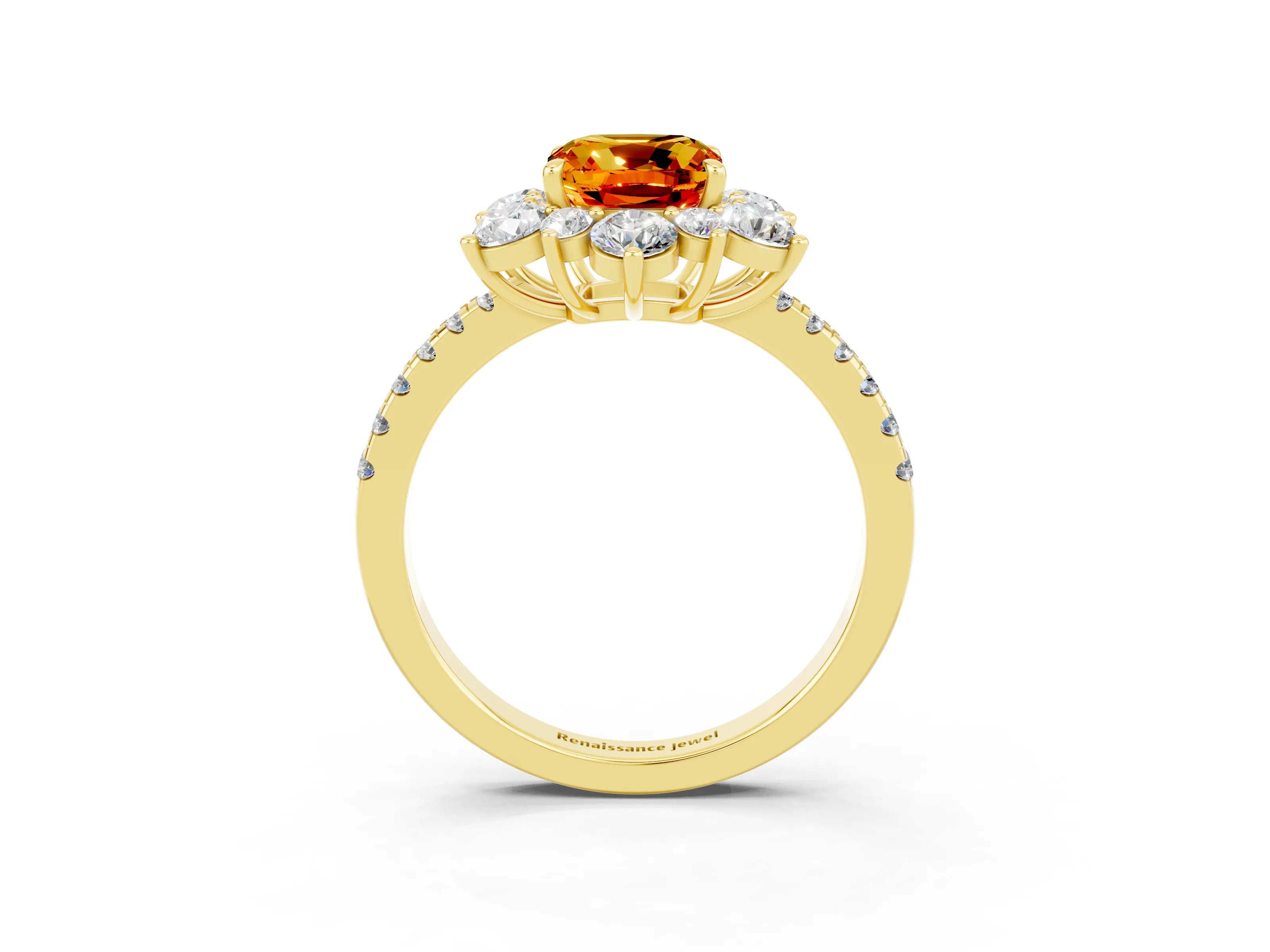 Yellow gold Cushion Cut Cut Diamond Floral Halo Pave Band with Prong Setting_3