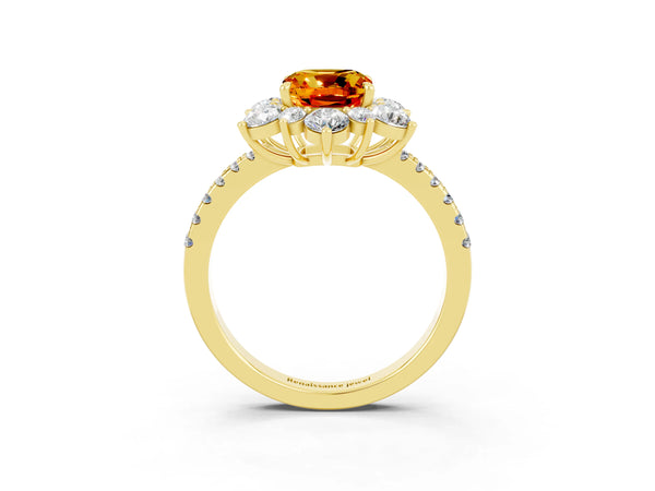 Yellow gold Cushion Cut Citrine Floral Halo Ring with Round Pavé Band and Prong Setting