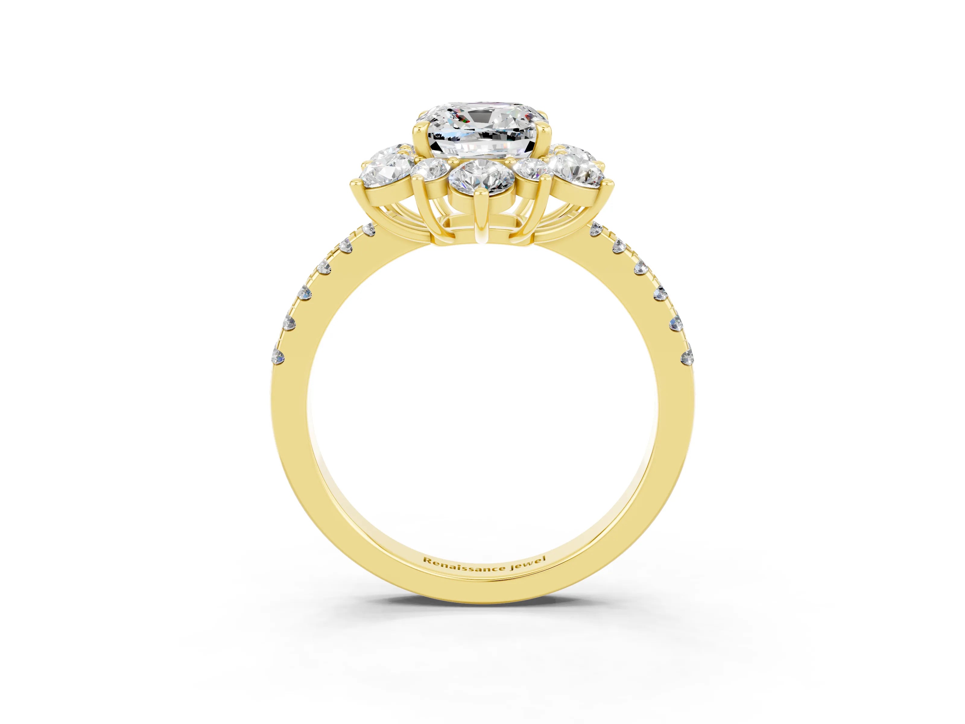 Yellow gold Cushion Cut Cut Diamond Floral Halo Pave Band with Prong Setting_3