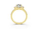 Yellow gold Cushion Cut Cut Diamond Floral Halo Pave Band with Prong Setting_3