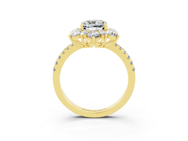 Yellow gold Cushion Cut Moissanite Floral Halo Ring with Round Pavé Band and Prong Setting