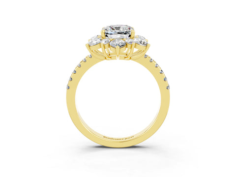 Yellow gold Cushion Cut Cut Diamond Floral Halo Pave Band with Prong Setting_3