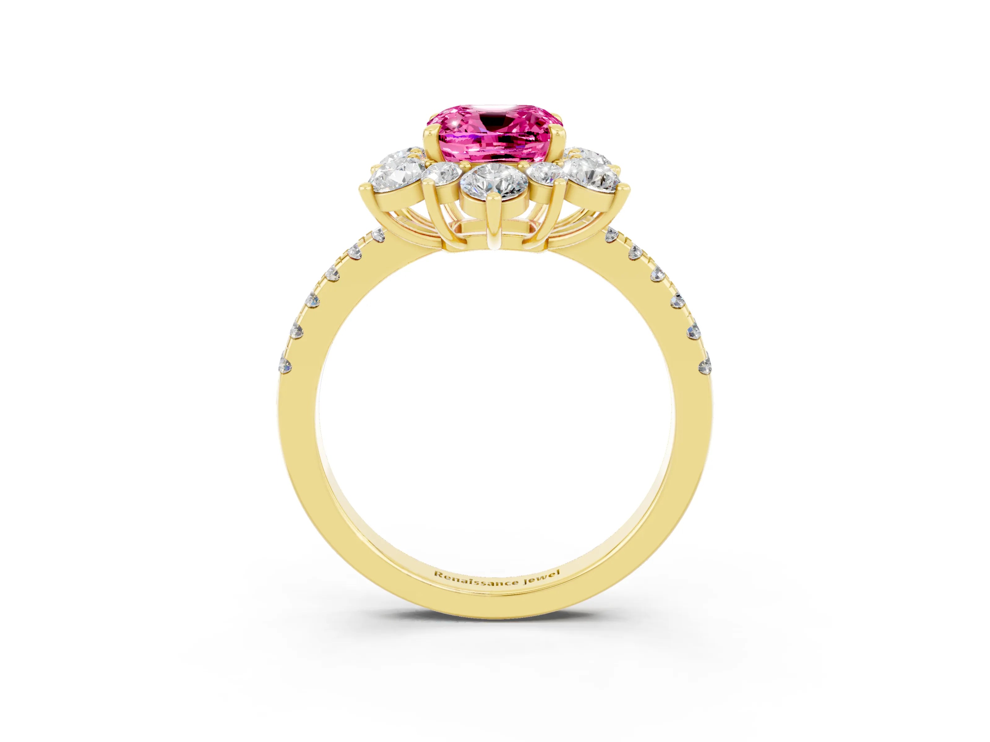 Yellow gold Cushion Cut Cut Diamond Floral Halo Pave Band with Prong Setting_3