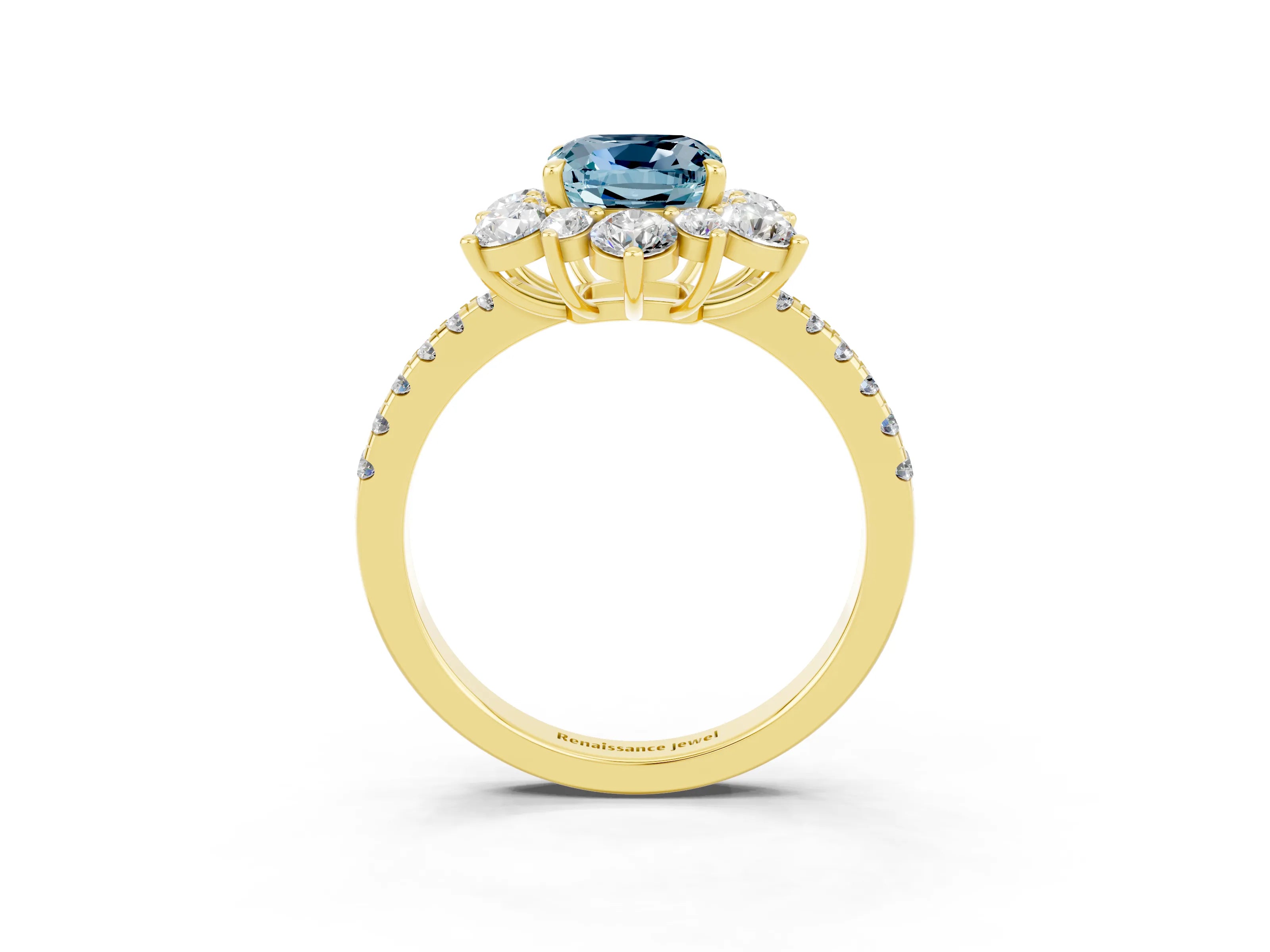 Yellow gold Cushion Cut Cut Diamond Floral Halo Pave Band with Prong Setting_3