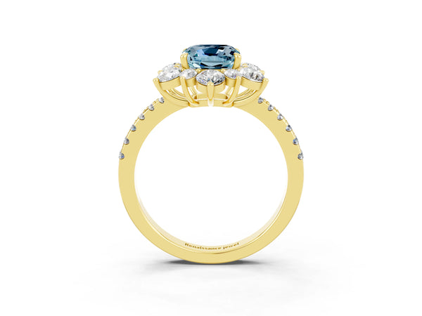 Yellow Gold Cushion Cut Aquamarine Star Floral Halo Engagement Ring with Pave Band