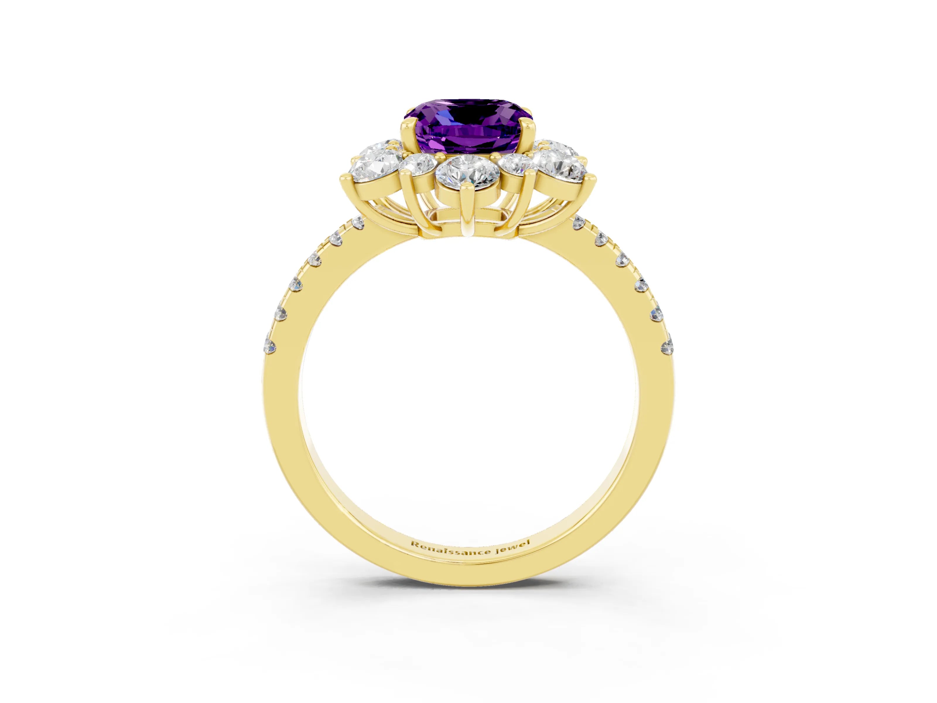 Yellow gold Cushion Cut Cut Diamond Floral Halo Pave Band with Prong Setting_3