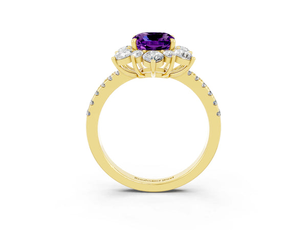 Yellow gold Cushion Cut Amethyst Floral Halo Ring with Round Pavé Band and Prong Setting