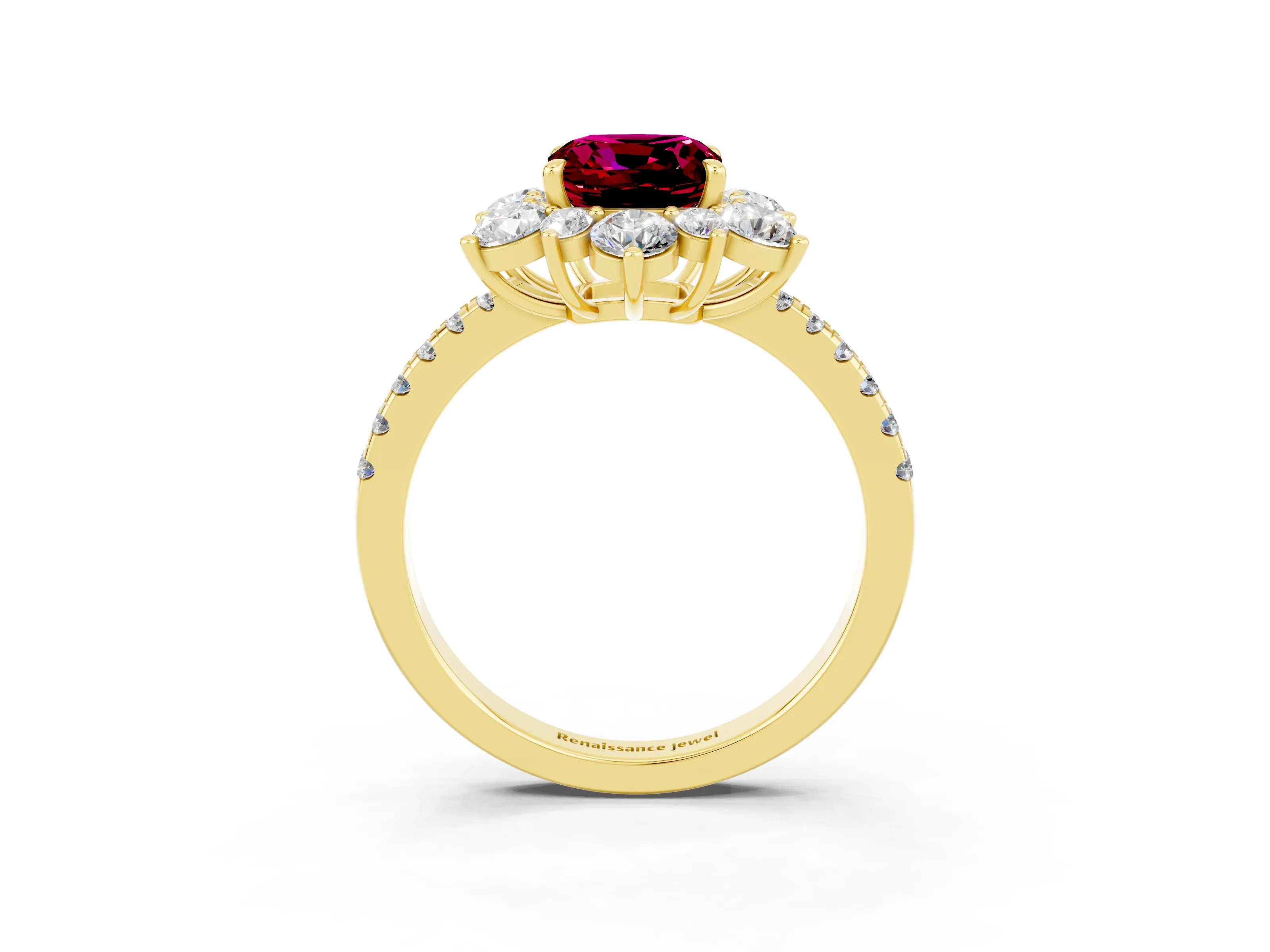 Yellow gold Cushion Cut Cut Diamond Floral Halo Pave Band with Prong Setting_3