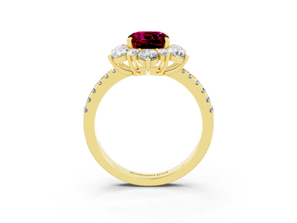 Yellow gold Cushion Cut Garnet Floral Halo Ring with Round Pavé Band and Prong Setting