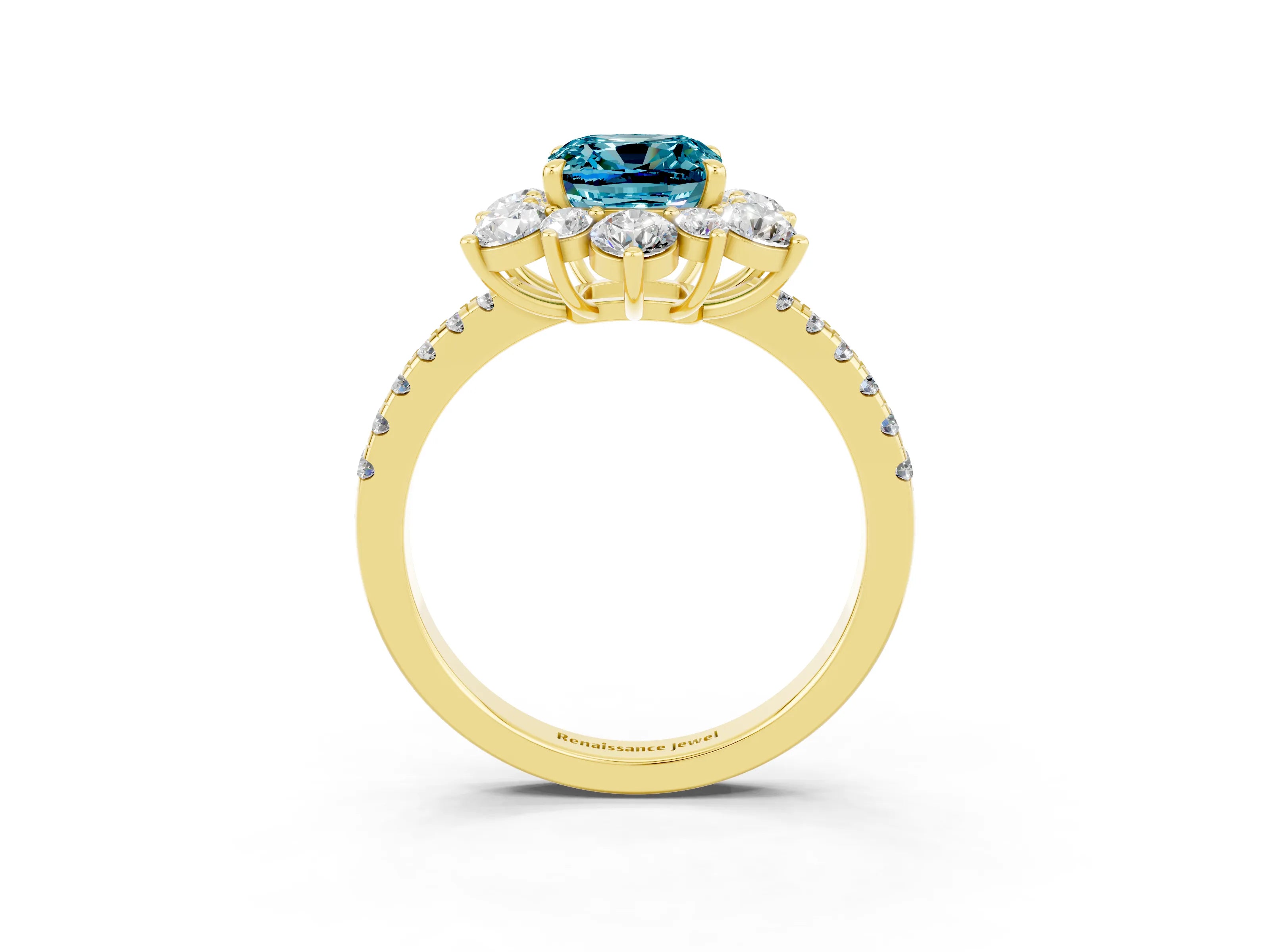 Yellow gold Cushion Cut Cut Diamond Floral Halo Pave Band with Prong Setting_3