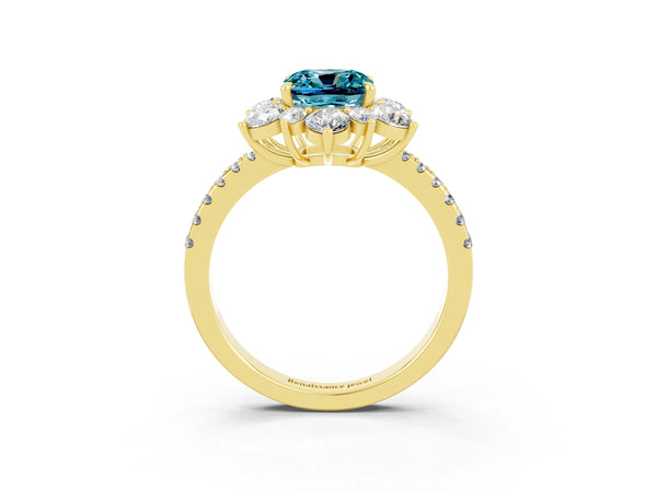 Yellow gold Cushion Cut Cut Diamond Floral Halo Pave Band with Prong Setting
