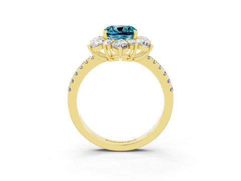 Yellow gold Cushion Cut Cut Diamond Floral Halo Pave Band with Prong Setting_3