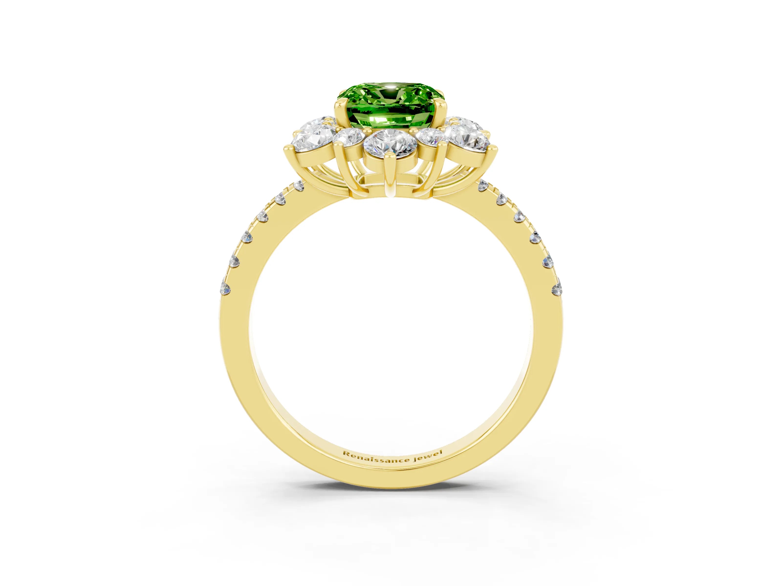 Yellow gold Cushion Cut Cut Diamond Floral Halo Pave Band with Prong Setting_3