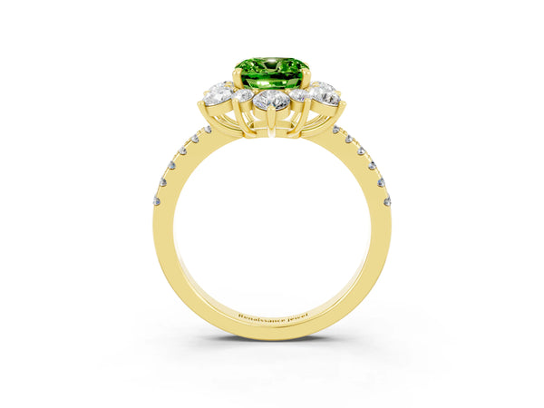 Yellow gold Cushion Cut Cut Diamond Floral Halo Pave Band with Prong Setting