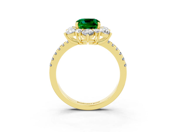 Yellow gold Cushion Cut Emerald Floral Halo Ring with Round Pavé Band and Prong Setting