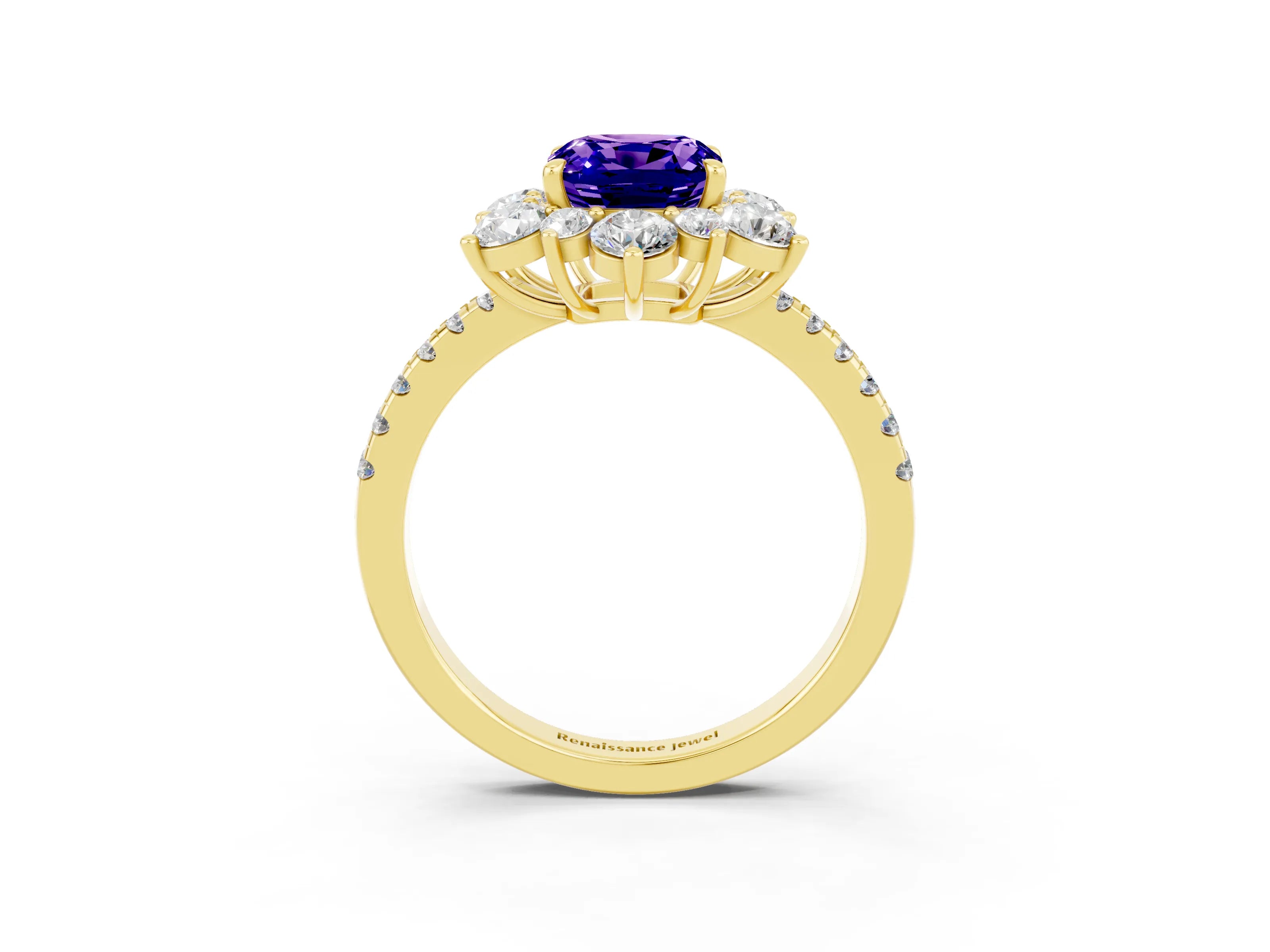 Yellow gold Cushion Cut Cut Diamond Floral Halo Pave Band with Prong Setting_3