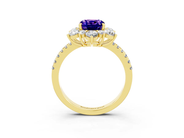 Yellow gold Cushion Cut Tanzanite Floral Halo Ring with Round Pavé Band and Prong Setting