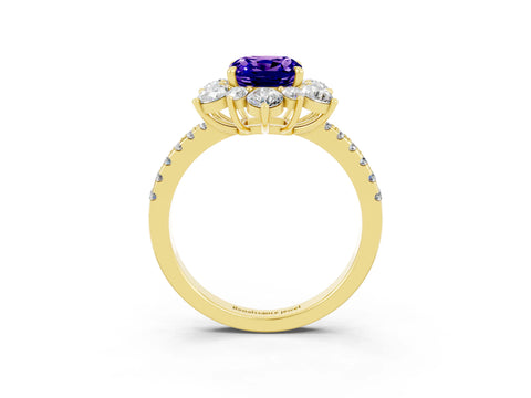 Yellow gold Cushion Cut Cut Diamond Floral Halo Pave Band with Prong Setting_3