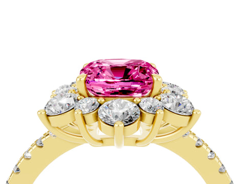 Yellow gold Cushion Cut Cut Diamond Floral Halo Pave Band with Prong Setting_4