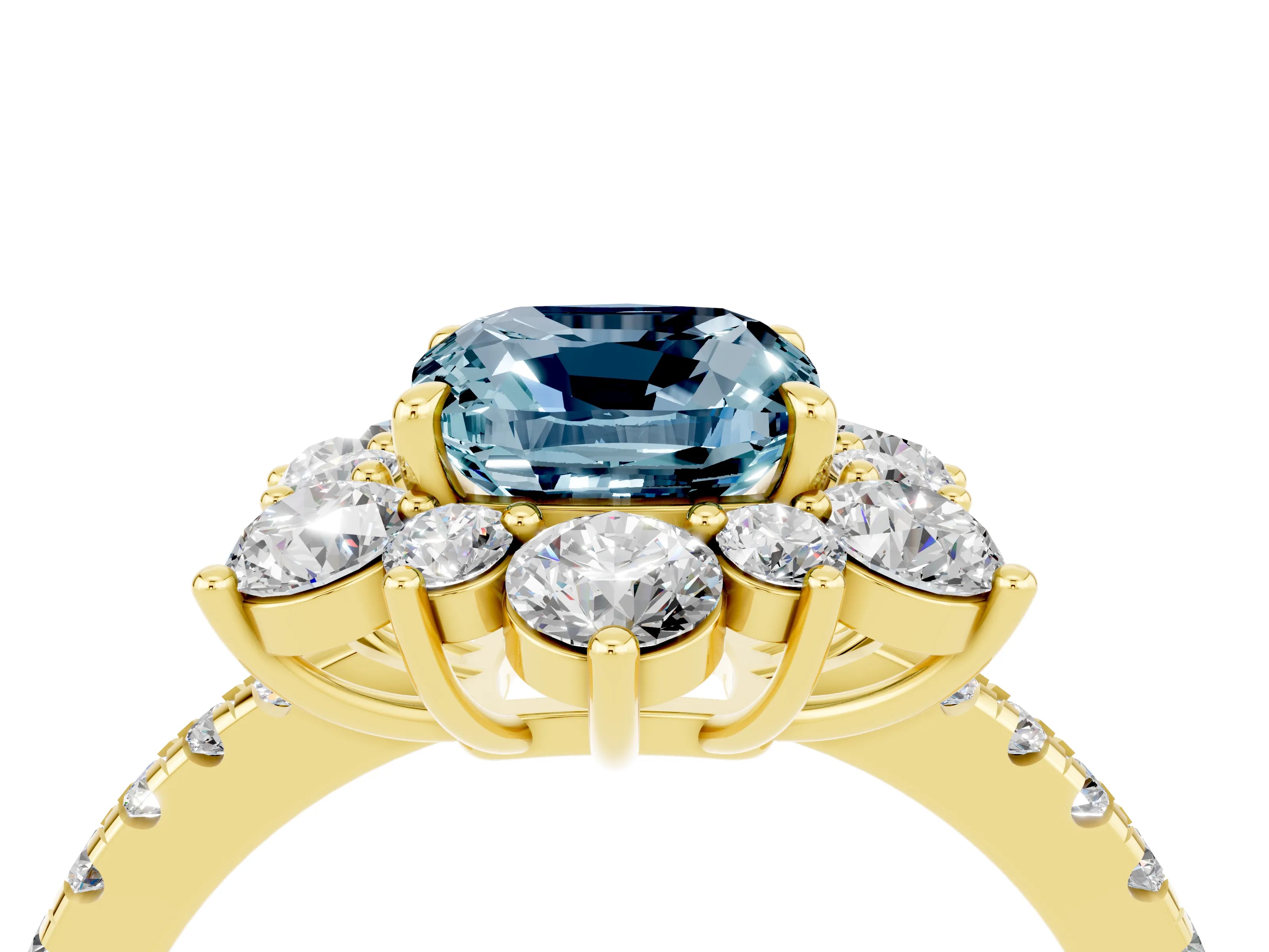 Yellow gold Cushion Cut Cut Diamond Floral Halo Pave Band with Prong Setting_4