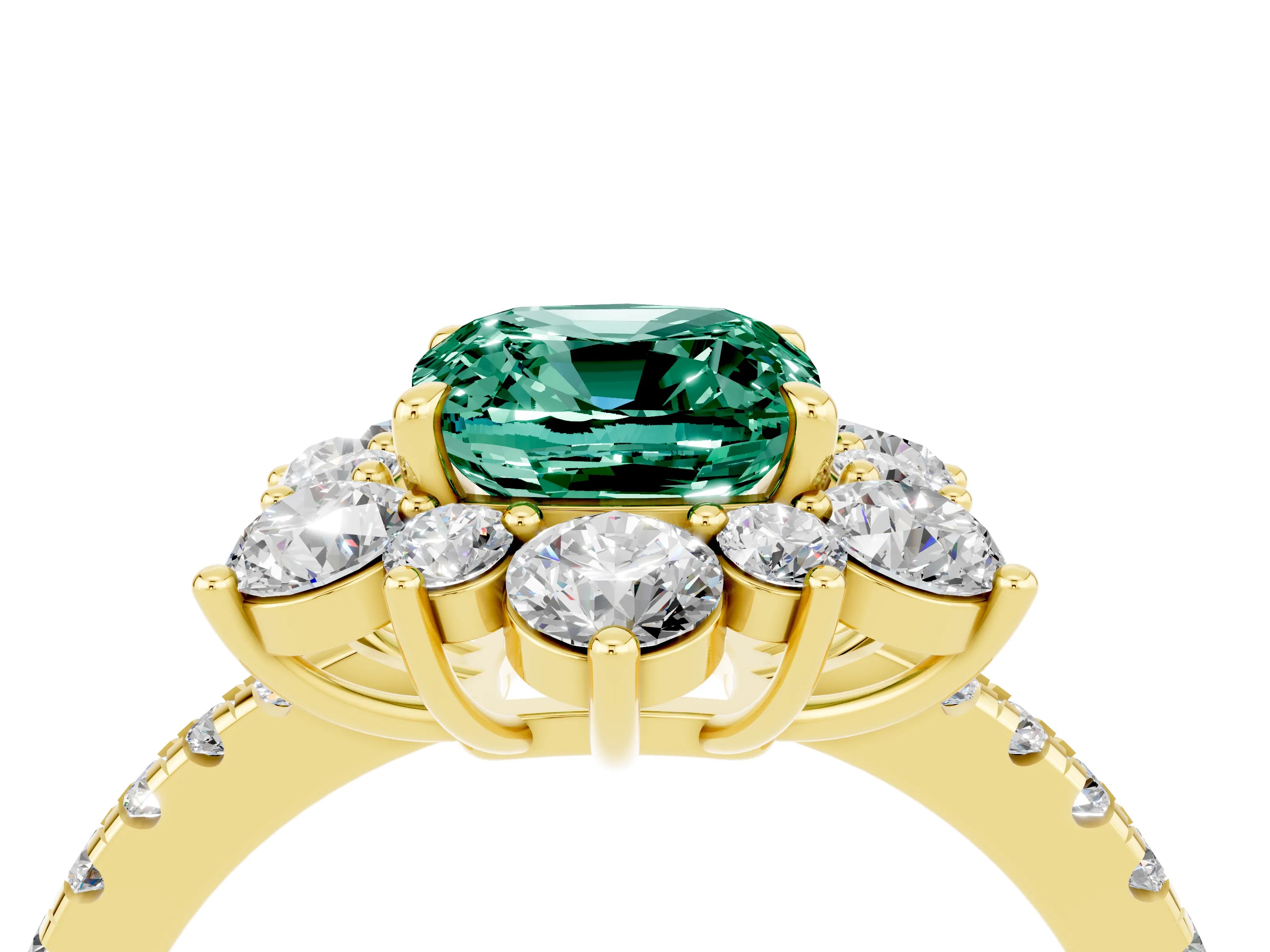 Yellow gold Cushion Cut Cut Diamond Floral Halo Pave Band with Prong Setting_4