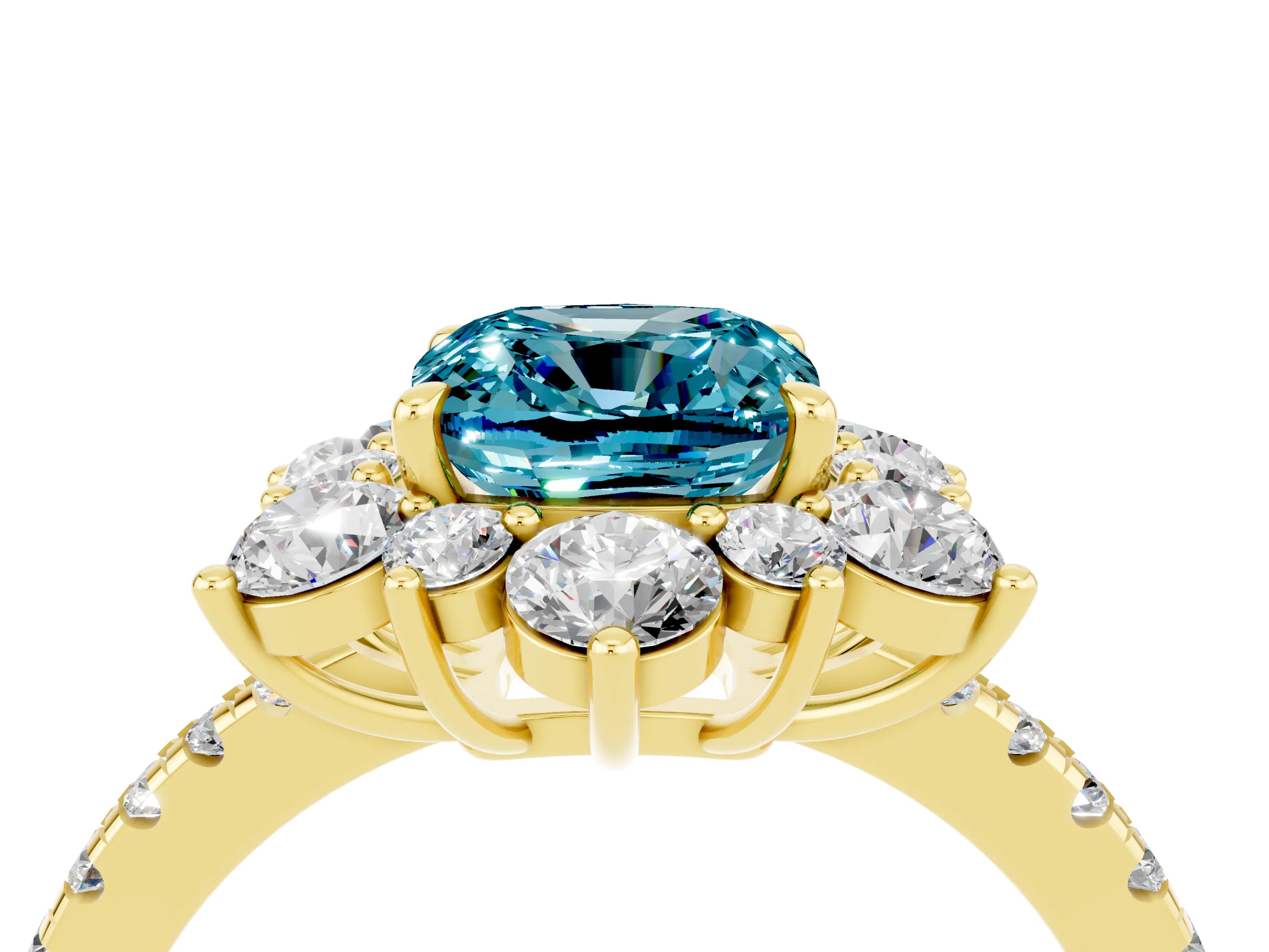 Yellow gold Cushion Cut Cut Diamond Floral Halo Pave Band with Prong Setting_4