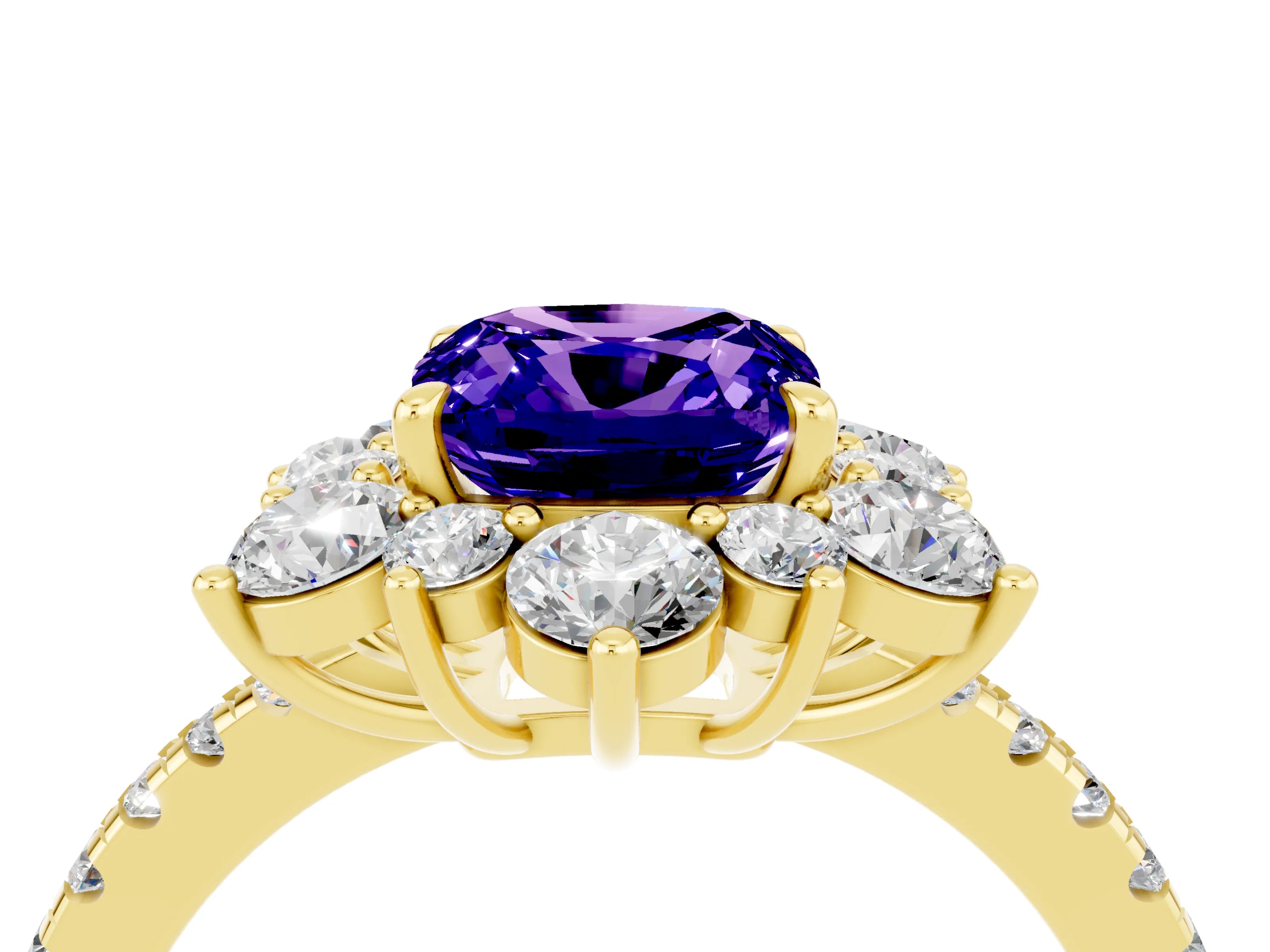 Yellow gold Cushion Cut Cut Diamond Floral Halo Pave Band with Prong Setting_4