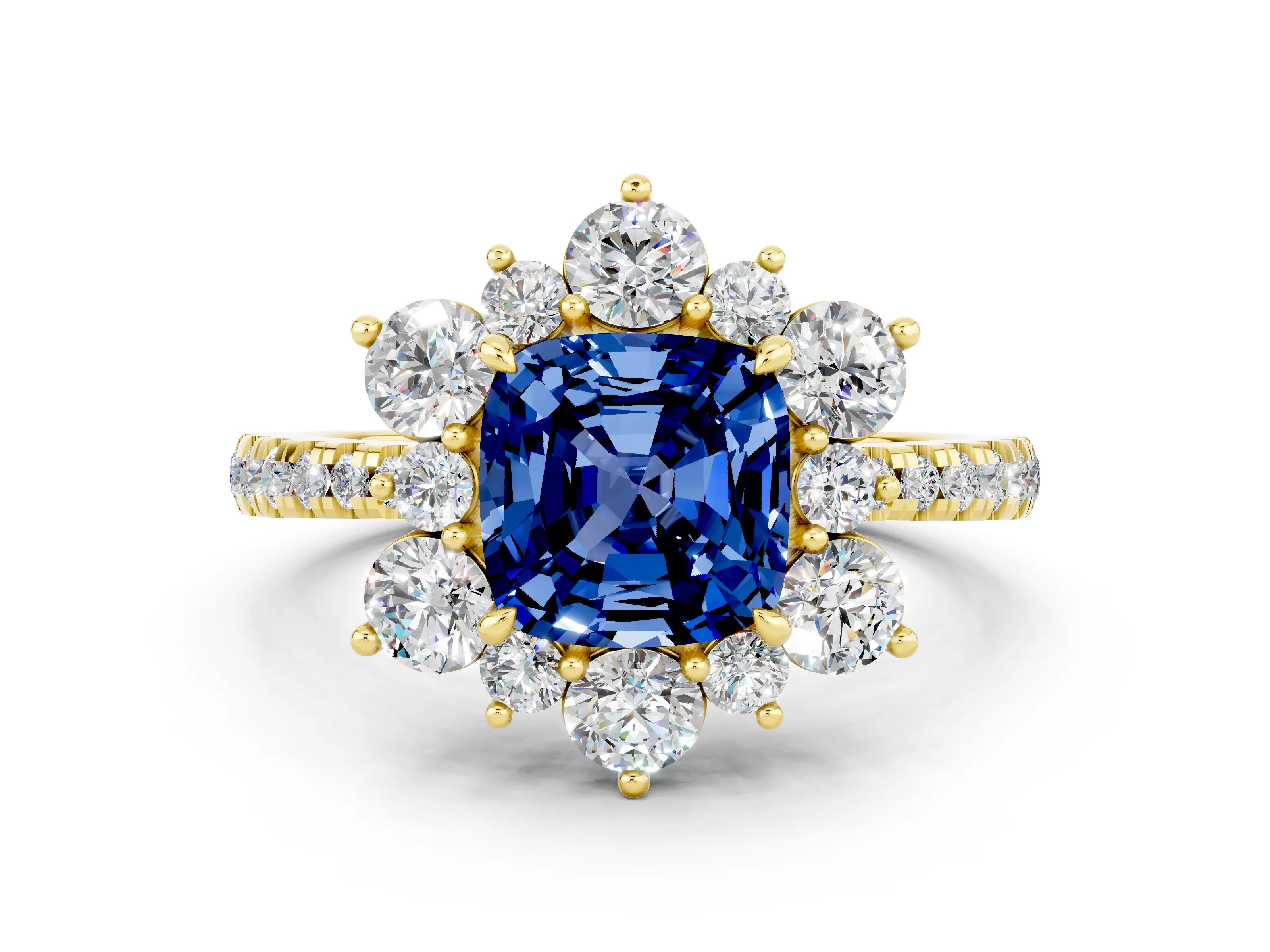 Yellow gold Cushion Cut Cut Diamond Floral Halo Pave Band with Prong Setting