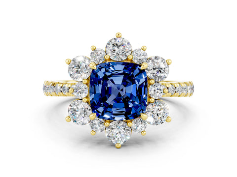Yellow gold Cushion Cut Cut Diamond Floral Halo Pave Band with Prong Setting