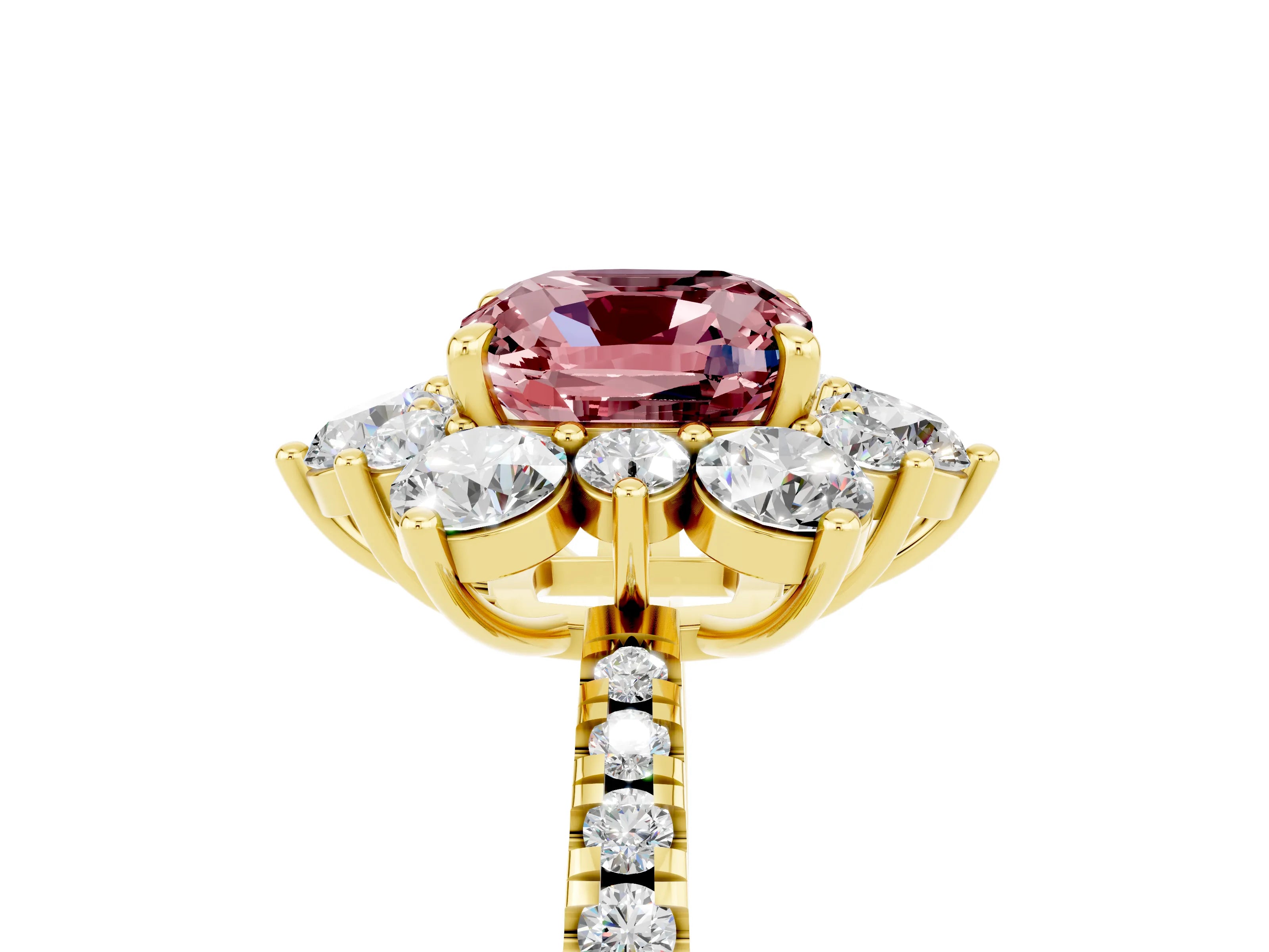 Yellow gold Cushion Cut Cut Diamond Floral Halo Pave Band with Prong Setting_5