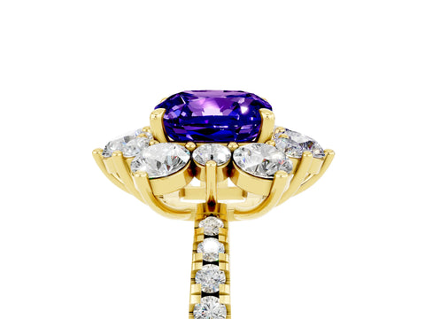 Yellow gold Cushion Cut Cut Diamond Floral Halo Pave Band with Prong Setting_5