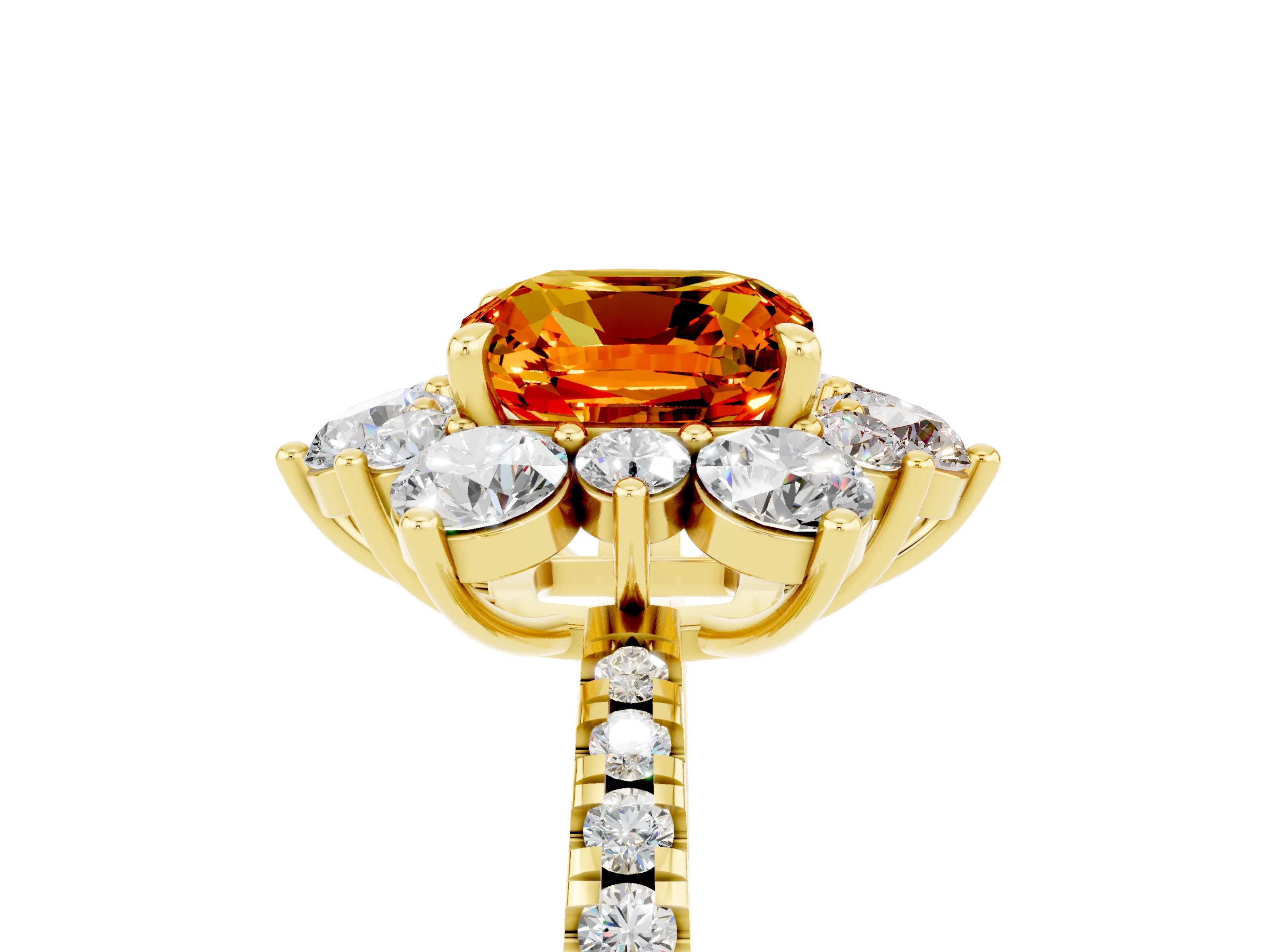 Yellow gold Cushion Cut Cut Diamond Floral Halo Pave Band with Prong Setting_5