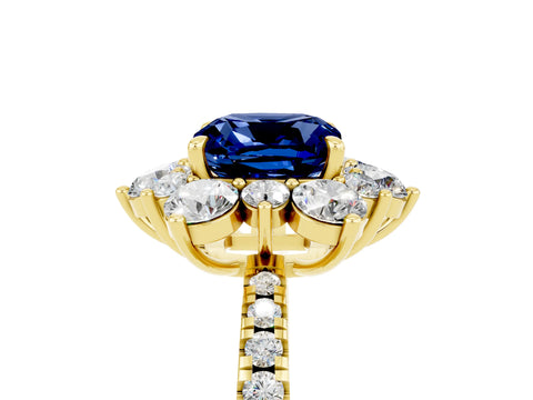 Yellow gold Cushion Cut Cut Diamond Floral Halo Pave Band with Prong Setting_5