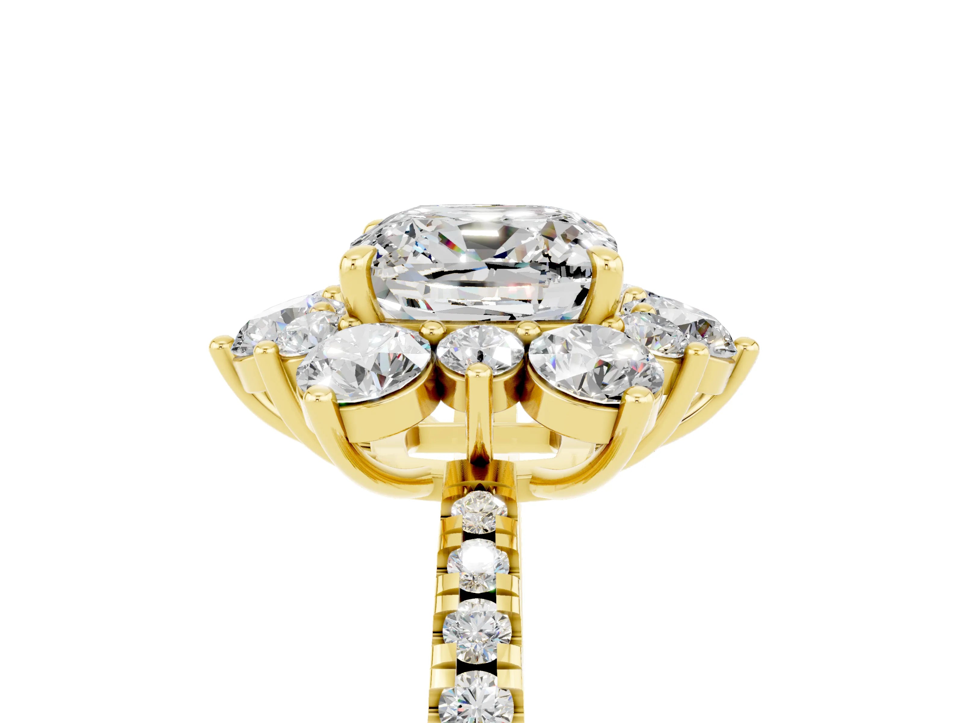 Yellow gold Cushion Cut Cut Diamond Floral Halo Pave Band with Prong Setting_5