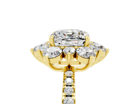 Yellow gold Cushion Cut Cut Diamond Floral Halo Pave Band with Prong Setting_5