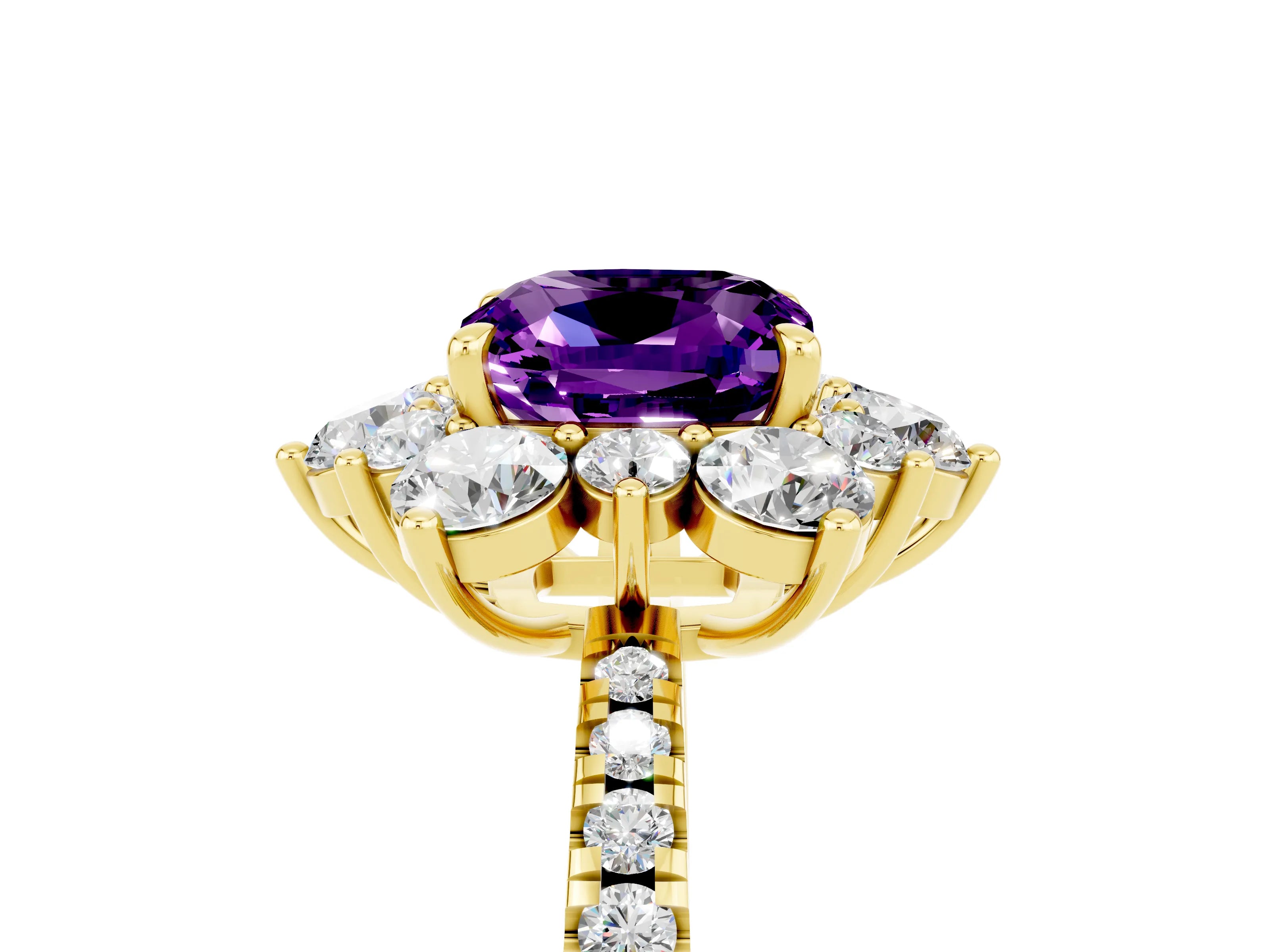 Yellow gold Cushion Cut Cut Diamond Floral Halo Pave Band with Prong Setting_5