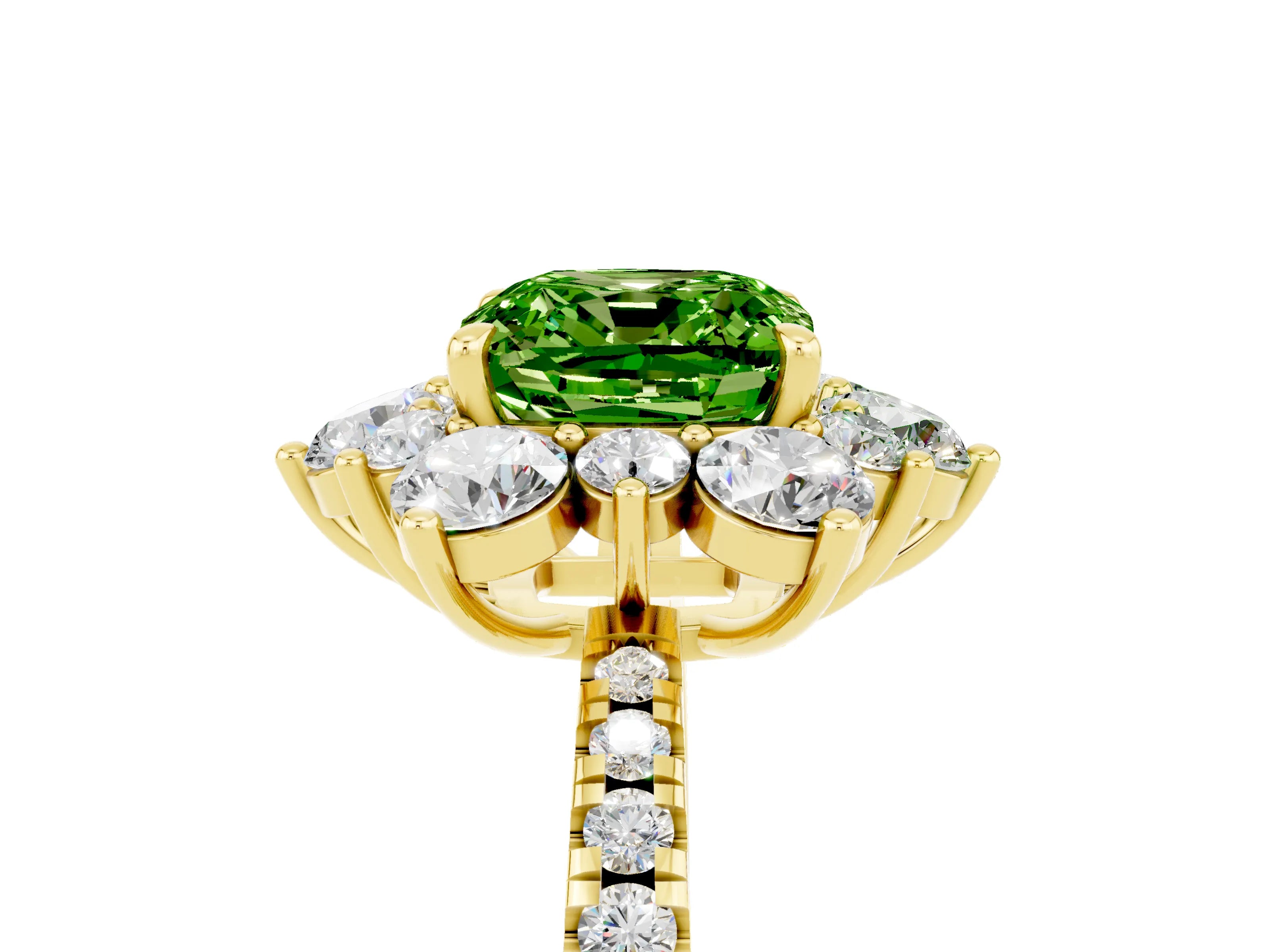 Yellow gold Cushion Cut Cut Diamond Floral Halo Pave Band with Prong Setting_5