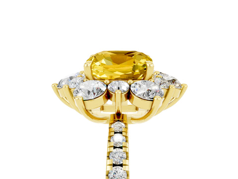 Yellow gold Cushion Cut Cut Diamond Floral Halo Pave Band with Prong Setting_5