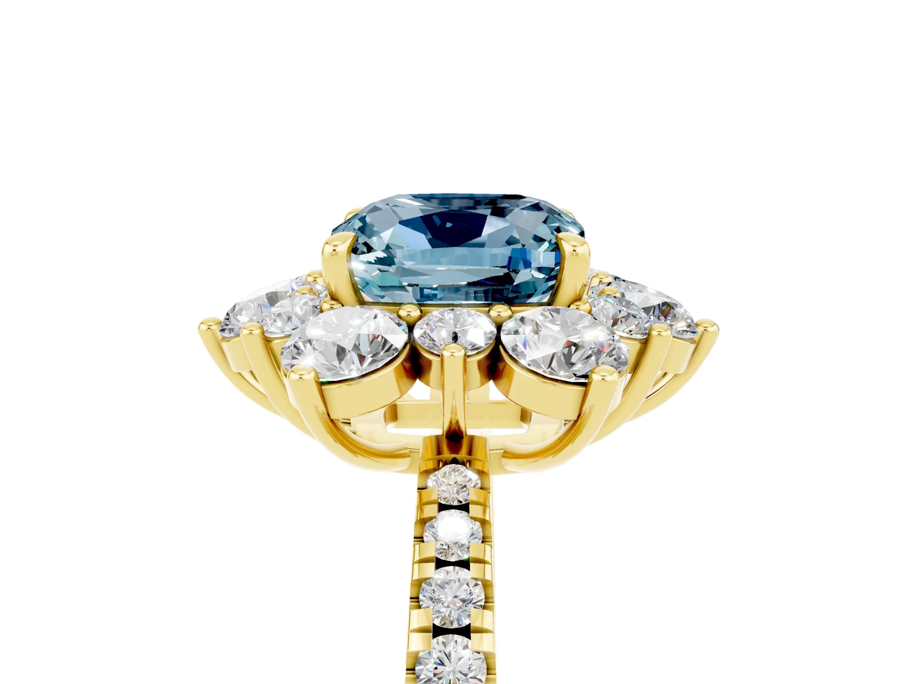 Yellow gold Cushion Cut Cut Diamond Floral Halo Pave Band with Prong Setting_5