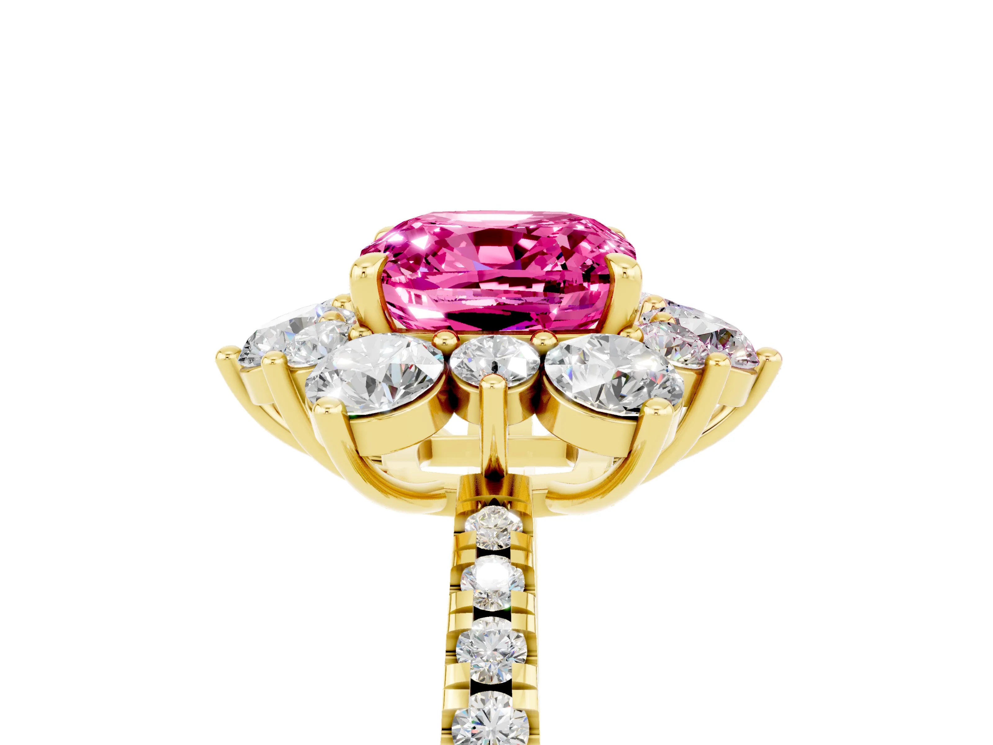 Yellow gold Cushion Cut Cut Diamond Floral Halo Pave Band with Prong Setting_5