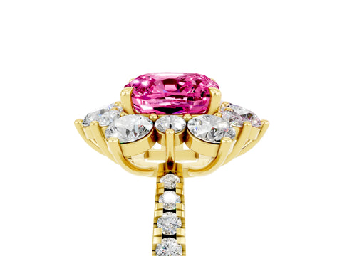 Yellow gold Cushion Cut Cut Diamond Floral Halo Pave Band with Prong Setting_5