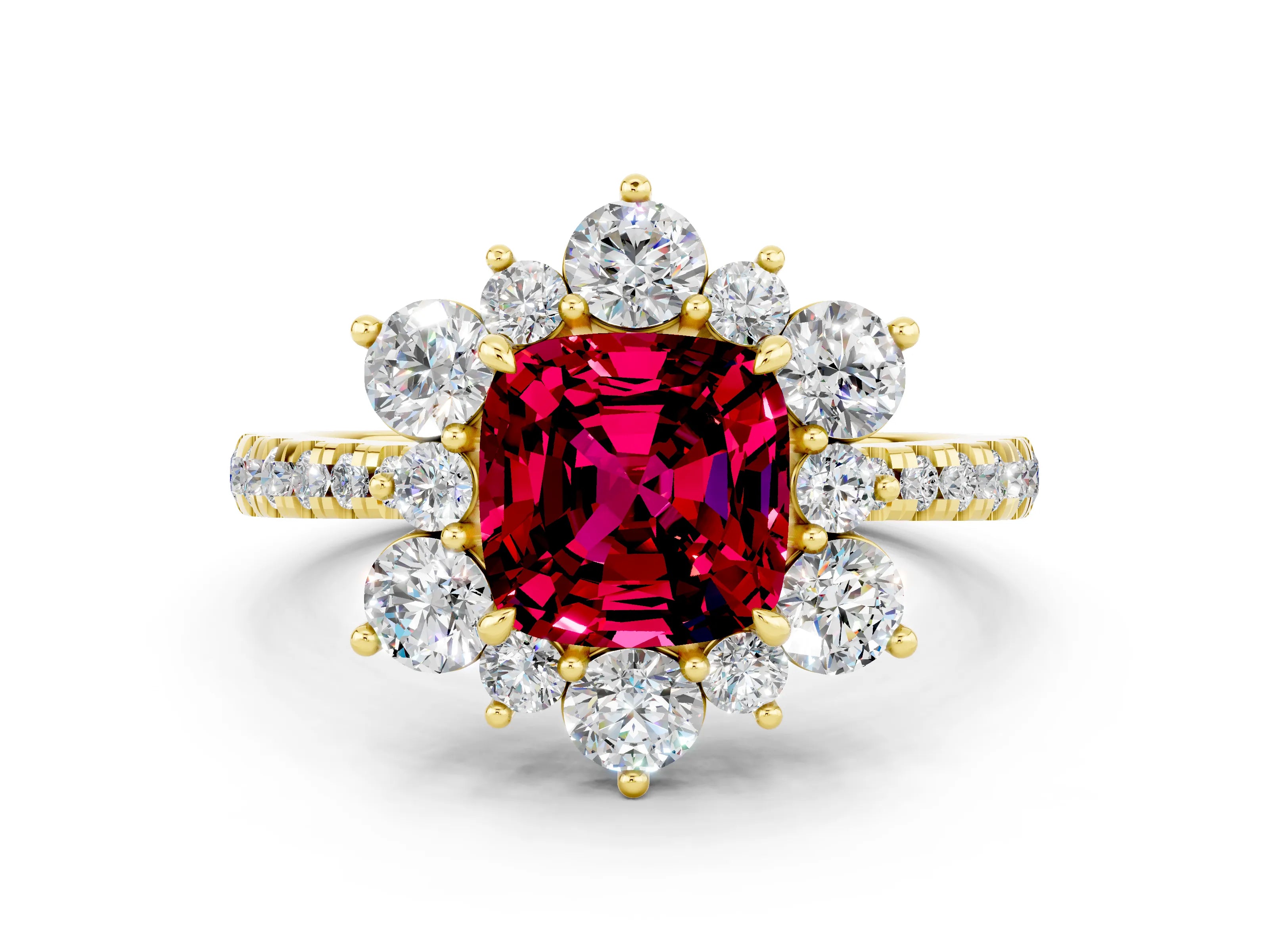 Yellow gold Cushion Cut Cut Diamond Floral Halo Pave Band with Prong Setting