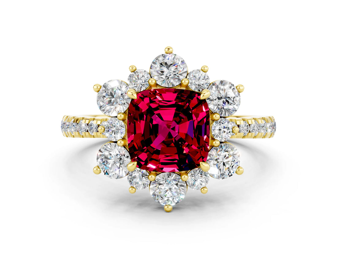 Yellow gold Cushion Cut Cut Diamond Floral Halo Pave Band with Prong Setting