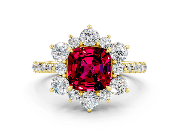 Yellow gold Cushion Cut Garnet Floral Halo Ring with Round Pavé Band and Prong Setting
