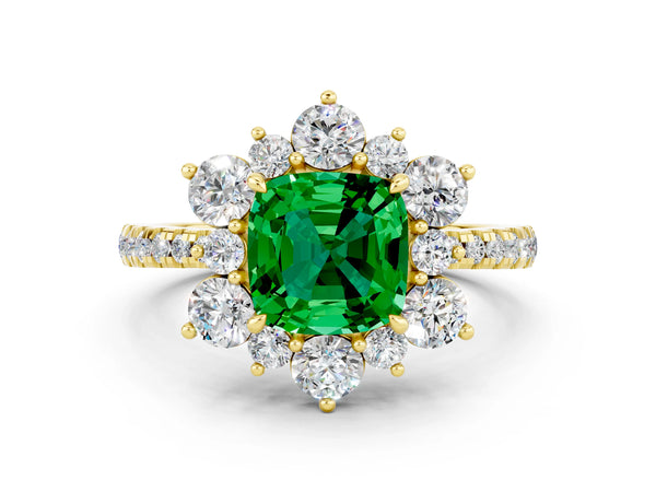 Yellow gold Cushion Cut Emerald Floral Halo Ring with Round Pavé Band and Prong Setting